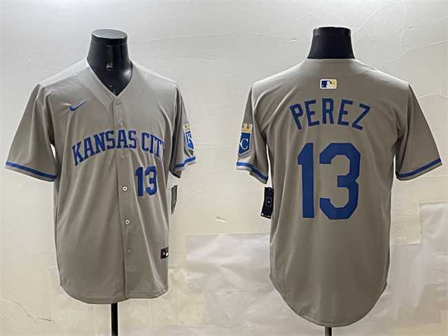 Men%27s Kansas City Royals #13 Salvador Perez Gray 2024 Away Limited Stitched Jersey